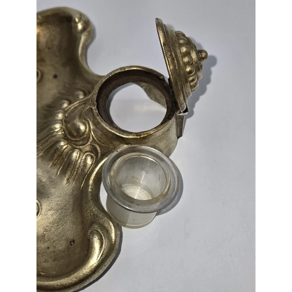 Rococo Revival Brass Inkwell Ornate Shell Scroll Hinged Lid